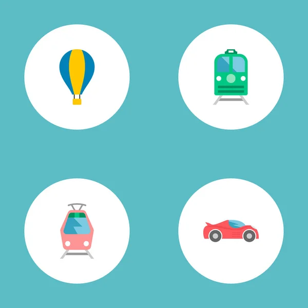 Spor araç, hava balonu, elektrikli tren ve diğer simgeler web mobil app logo tasarımı için otomatik simgeler düz stil sembollerle kümesi. — Stok Vektör