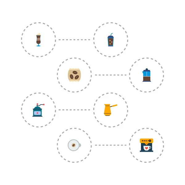 Conjunto de iconos de bebidas símbolos de estilo plano con molinillo de moca, dispensador de espresso, iconos instantáneos y otros para el diseño del logotipo de su aplicación móvil web . — Vector de stock