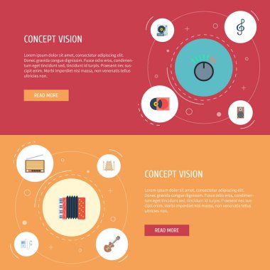Akordeon, retro tuner, hoparlör ve diğer simgeler web mobil app logo tasarımı için stüdyo simgeler düz stil sembollerle kümesi.