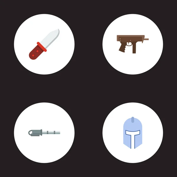 Набор игровых иконок в плоском стиле с автоматом, гатлинговым пистолетом, рыцарским шлемом и другими иконками для дизайна логотипа вашего мобильного приложения . — стоковое фото