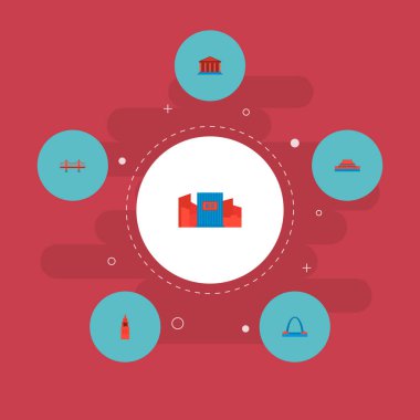 Kremlin, altın kapı, Akademi ve diğer simgeler web mobil app logo tasarımı için anıt simgeler düz stil sembollerle kümesi.