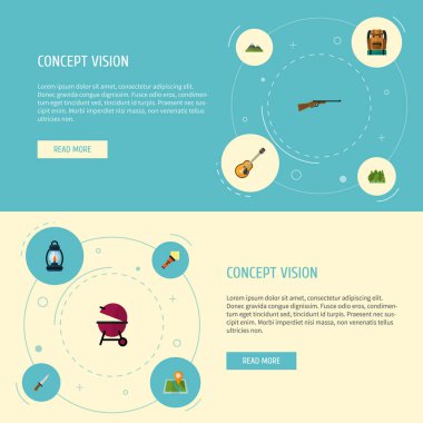 Kamp simgeler düz stil sembollerle Barbekü, dağlar, gitar ve web mobil app logo tasarımı için diğer simgeler kümesi.