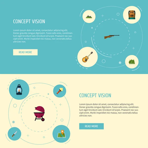 设置阵营图标平面风格符号与烧烤, 山脉, 吉他和其他图标为您的 web 移动应用程序徽标设计. — 图库矢量图片