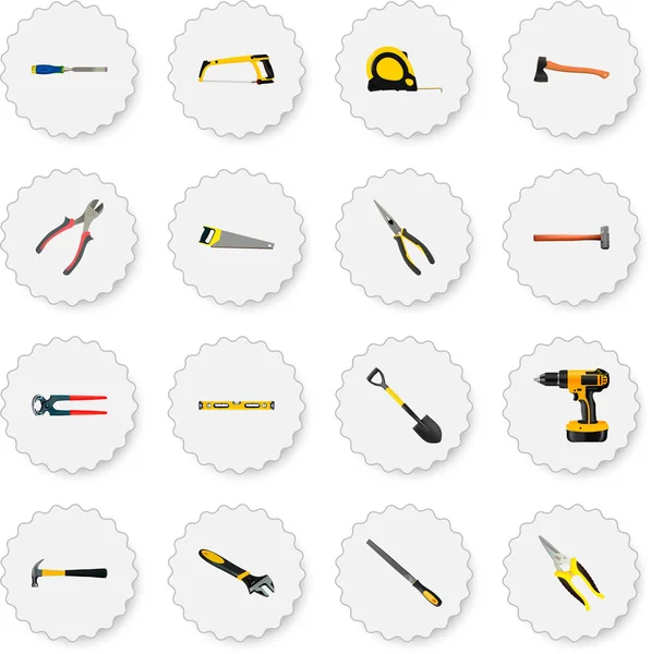 Set von Instrumenten realistische Symbole mit Blasenwaage, Vorschlaghammer, Schere und anderen Symbolen für Ihr Web-App-Logo-Design. — Stockvektor