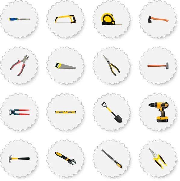 Conjunto de instrumentos de símbolos realistas con nivel de burbuja, mazo, cizalla y otros iconos para el diseño del logotipo de su aplicación móvil web . — Vector de stock