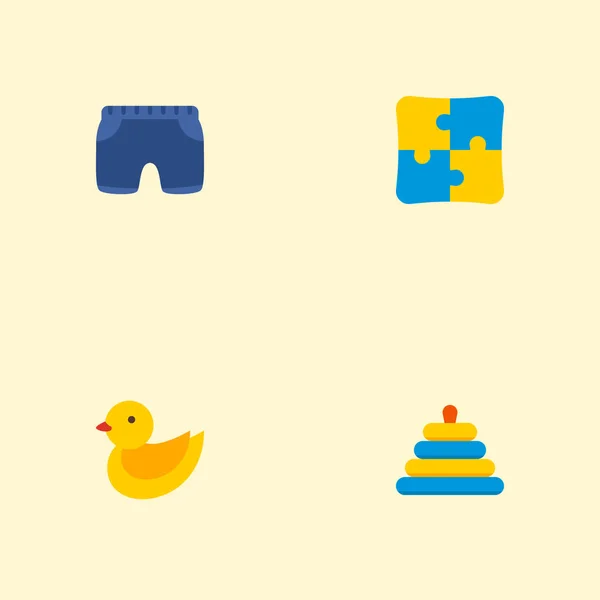 Set von Baby-Symbolen flache Stil-Symbole mit Entenspielzeug, Baby-Shorts, Pyramide und andere Symbole für Ihre Web-Mobile-App Logo-Design. — Stockvektor