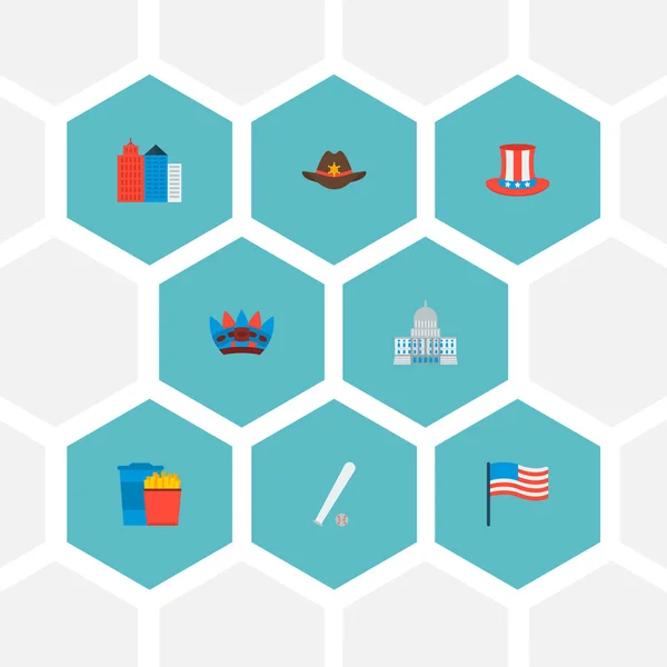 Set von Amerika-Symbolen flache Stil-Symbole mit native american, Baseball, New York und andere Symbole für Ihre Web-Mobile-App-Logo-Design. — Stockvektor