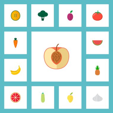 Kuru soğan, brokoli, domates ve diğer simgeler web mobil app logo tasarımı için tatlı simgeler düz stil sembollerle kümesi.