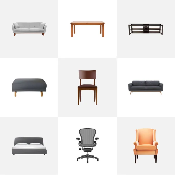 Set of furniture realistic symbols with office chair, double bed, stool and other icons for your web mobile app logo design. — Stock Photo, Image
