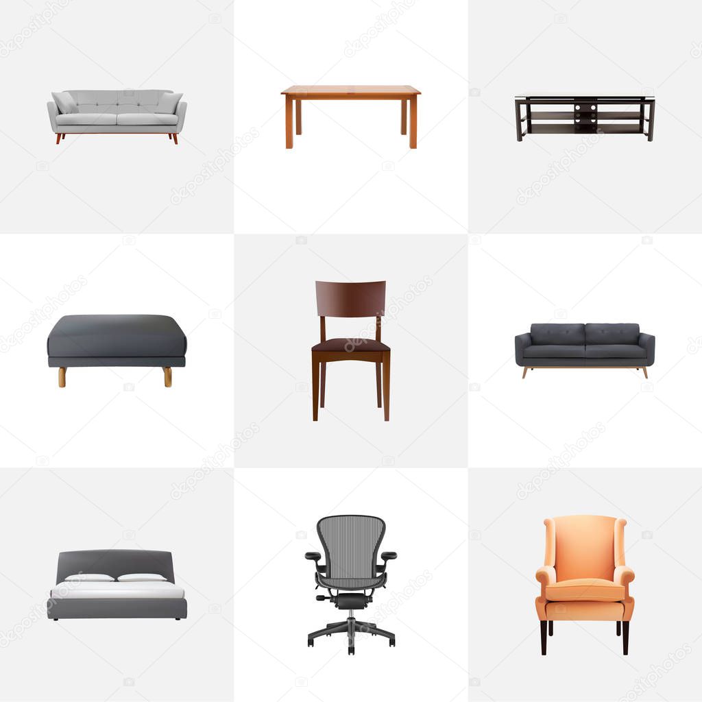 Set of furniture realistic symbols with office chair, double bed, stool and other icons for your web mobile app logo design.