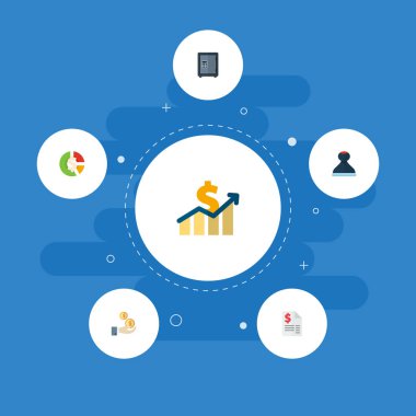 Damga, kıymet, mevduat ve diğer simgeler web mobil app logo tasarımı için kayıt simgeler düz stil sembollerle kümesi.