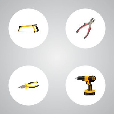 Demir testeresi, pense, matkap ve diğer simgeler web mobil app logo tasarımı için aletleri gerçekçi simgeler kümesi.