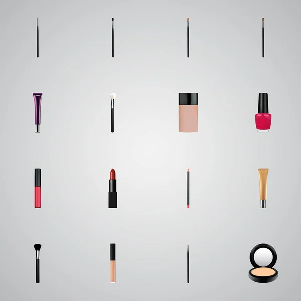 Set maquillage realistische symbolen met lippenstift, schoonheid accessoire, wenkbrauw make-up tool en andere pictogrammen voor uw web mobiele app logo ontwerp. — Stockvector