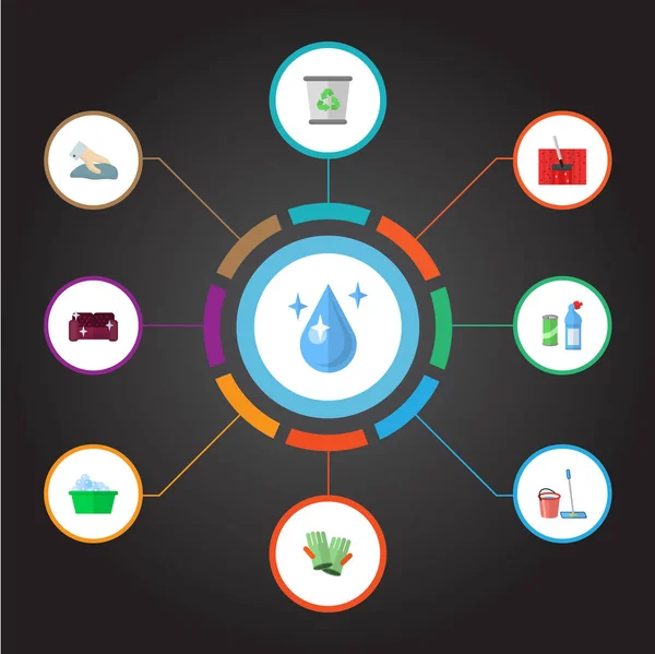 Set of hygiene icons flat style symbols with trash bin, cleaning gloves, housekeeping and other icons for your web mobile app logo design. — Stock Vector