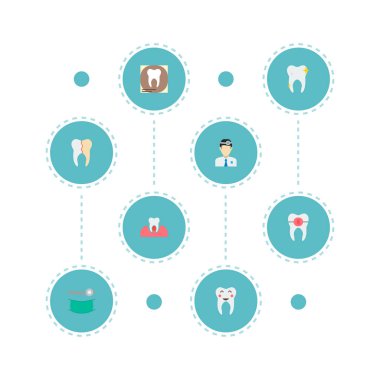 Yeniden yapılanma, ortodontist, diş ve diğer simgeler web mobil app logo tasarımı için diş simgeler düz stil sembollerle kümesi.