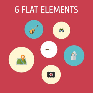 Kamp simgeler düz stil sembolleri gitar, ecza, harita PIN ve web mobil app logo tasarımı için diğer simgeler kümesi.