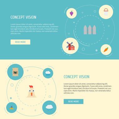 Tarım simgeler düz stil sembollerle horoz, alan, üzüm ve web mobil app logo tasarımı için diğer simgeler kümesi.