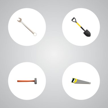 Testere, kürek, İngiliz anahtarı ve diğer simgeler web mobil app logo tasarımı için aletleri gerçekçi simgeler kümesi.