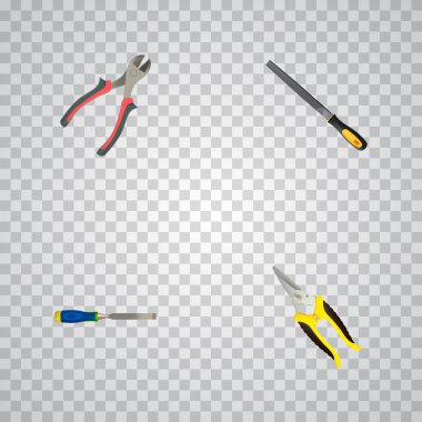 Carpenter ile aletleri gerçekçi sembollerin ayarla, pense, ipçik dosya ve diğer simgeler web mobil app logo tasarımı için.