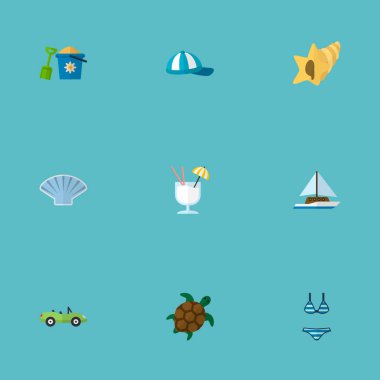 Kaplumbağa, kabuk, lavabo ve diğer simgeler web mobil app logo tasarımı için sezon simgeler düz stil sembollerle kümesi.