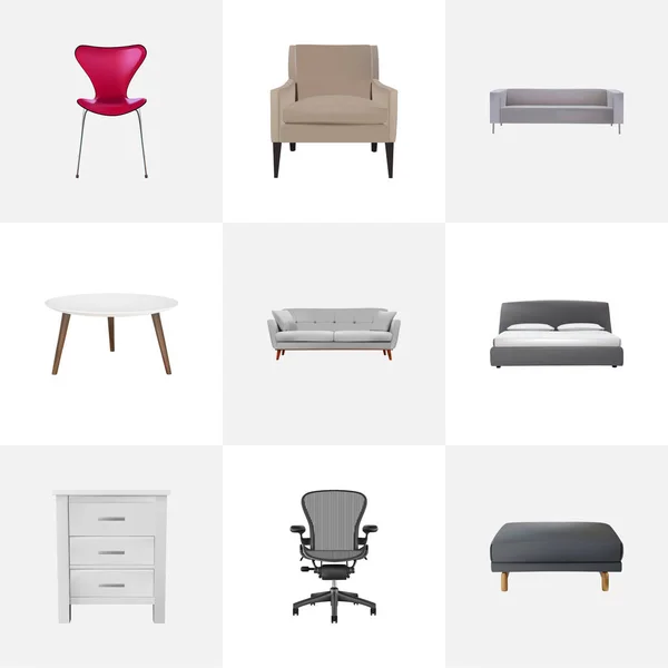 Conjunto de símbolos realistas de diseño con mesa redonda, sillón, armario y otros iconos para el diseño del logotipo de su aplicación móvil web . — Vector de stock