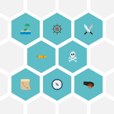 İskelet, spyglass, haritacılık ve diğer simgeler web mobil app logo tasarımı için korsan simgeler düz stil sembollerle kümesi.