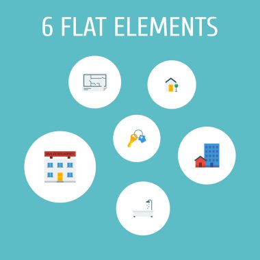 Taşınmaz simgeler düz stil sembolleri ile anahtar, office, kat planı ve web mobil app logo tasarımı için diğer simgeler kümesi.