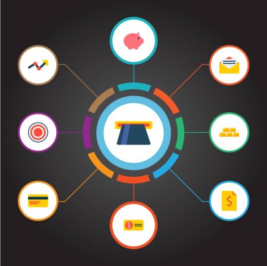 Bill, banka kartı, kumbara ve diğer simgeler web mobil app logo tasarımı için ticaret simgeler düz stil sembollerle kümesi.