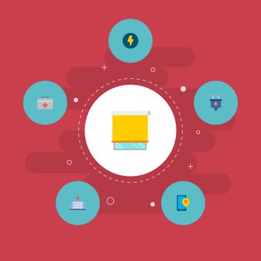 Kentsel simgeleri düz stil sembollerle pencere kapağı, tıbbi durum, elektrik ve web mobil app logo tasarımı için diğer simgeler kümesi.