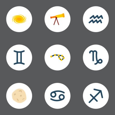 Simgeler düz stil sembollerle İkizler, yay, galaxy ve web mobil app logo tasarımı için diğer simgeler kümesi.