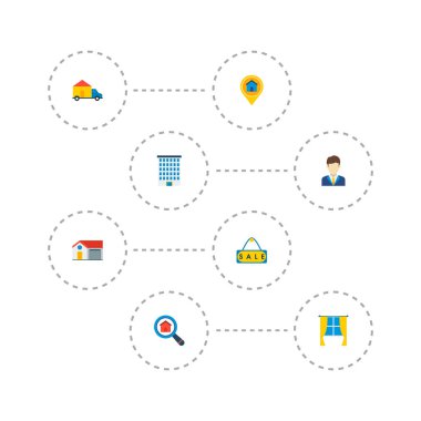 Taşınmaz simgeler düz stil sembollerle satışı işareti, arama Emlak, pencere ve web mobil app logo tasarımı için diğer simgeler kümesi.