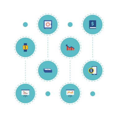 Finans kümesi simgeleri düz stil sembolleri ile para, güvenli, akıllı izlemek ve diğer simgeler web mobil app logo tasarımı için.