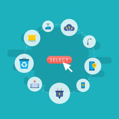 Akıllı şehir simgeler düz stil sembolleri akıllı enerji, akıllı app, sokak ışık ve web mobil app logo tasarımı için diğer simgeler kümesi.