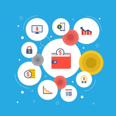 Finansal simgeler düz stil sembolleri Ödülü, nakit yığını, araştırma ve web mobil app logo tasarımı için diğer simgeler kümesi.