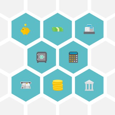Kasa, adliye, atm ve diğer simgeler web mobil app logo tasarımı için finans simgeler düz stil sembollerle kümesi.