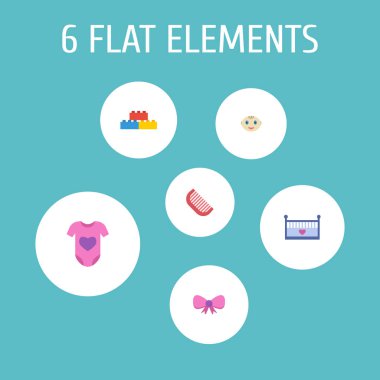 Bebek simgeler düz stil sembollerle erkek bebek, yay, beden elbise ve web mobil app logo tasarımı için diğer simgeler kümesi.