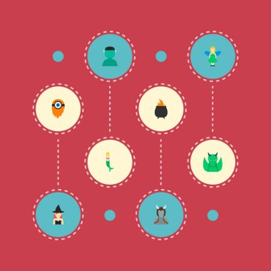 Cadı, canavar, deniz kızı ve diğer simgeler web mobil app logo tasarımı için fantezi simgeler düz stil sembollerle kümesi.