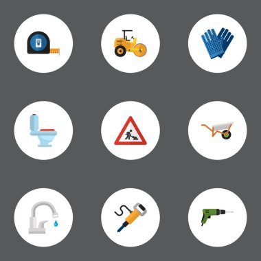 Tuvalet, iş eldivenleri, matkap ve diğer simgeler web mobil app logo tasarımı için inşaat simgeler düz stil sembollerle kümesi.