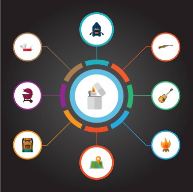 Av tüfeği, harita PIN, gitar ve diğer simgeler web mobil app logo tasarımı için kamp simgeler düz stil kümesi simgeleri.