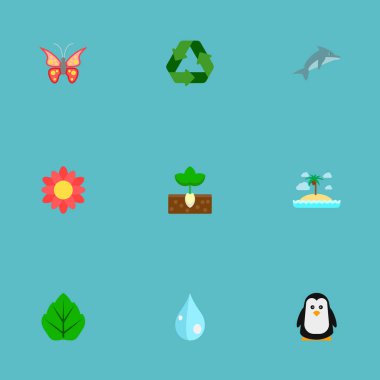 Çiçek, yunus, geri dönüşüm ve diğer simgeler web mobil app logo tasarımı için ortam simgeleri düz stil sembollerle kümesi.