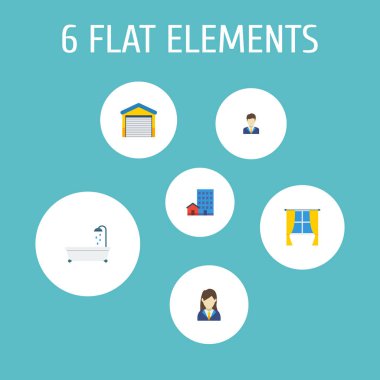 Set seçenekleri, garaj, pencere ve diğer simgeler web mobil app logo tasarımı için emlak simgeleri düz stil sembollerle.