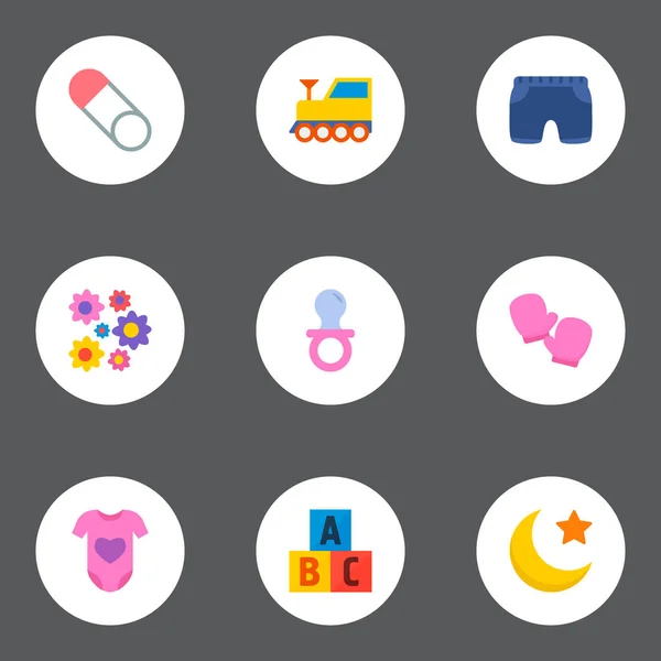套装婴儿图标平面式符号与教育玩具, 胸针, 夹和其他图标为您的 web 移动应用程序徽标设计. — 图库矢量图片