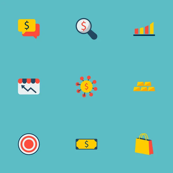 Reihe von Handelssymbolen flache Stilsymbole mit Gold, Speicherstatistiken, Zielsymbole und andere Symbole für Ihr Webdesign für mobile Apps. — Stockvektor