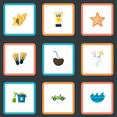 Hindistan cevizi içki, cabriolet, dalgalar ve diğer simgeler web mobil app logo tasarımı için plaj simgeler düz stil sembollerle kümesi.