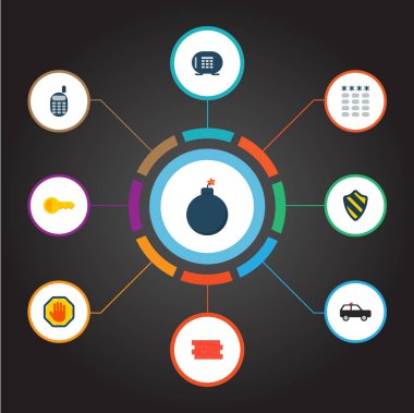 Emanet simgeler düz stil sembolleri ile anahtar, bomba, kasa ve web mobil app logo tasarımı için diğer simgeler kümesi.