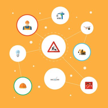Araç kutusu, sıhhi tesisat, Paletli ekskavatör ve diğer simgeler web mobil app logo tasarımı için inşaat simgeler düz stil sembollerle kümesi.