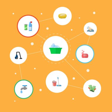 Deterjan, elektrikli süpürge, bez ve diğer simgeler web mobil app logo tasarımı için hijyen simgeler düz stil sembollerle kümesi.