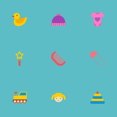 Bez bebek, sihirli değnek, beden elbise simgeler web mobil app logo tasarımı için bebek simgeler düz stil sembollerle kümesi.