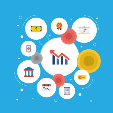 Hesap makinesi, finansal ödül, mali app ve diğer simgeler web mobil app logo tasarımı için finans simgeler düz stil sembollerle kümesi.