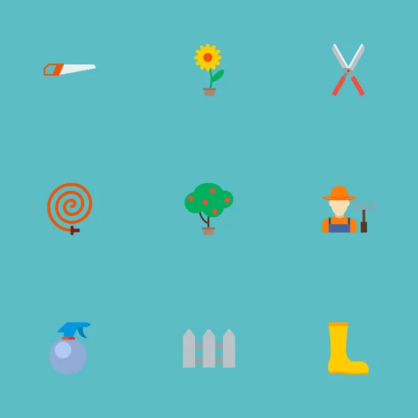 Set von landwirtschaftlichen Symbolen flache Stil-Symbole mit Pflanzentopf, Gärtner, Zerstäuber und andere Symbole für Ihre Web-Mobile-App Logo-Design. — Stockvektor